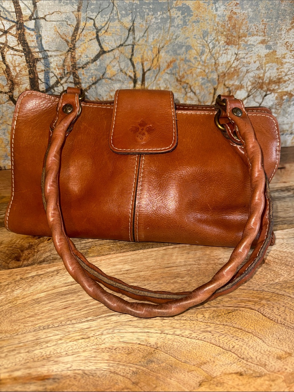 Patricia Nash  Rienzo Warm Cognac Leather Shoulder Bag with Braided Handles